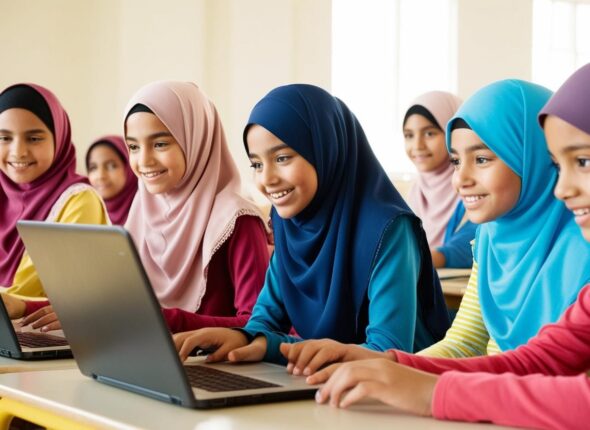 group of muslim girl students(teenager) taking class on laptop wearing hijab (1)