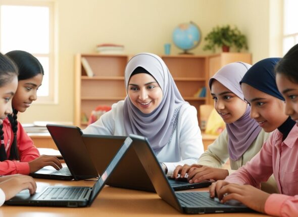 show the teach teaching muslim girl students(teenager) on laptop