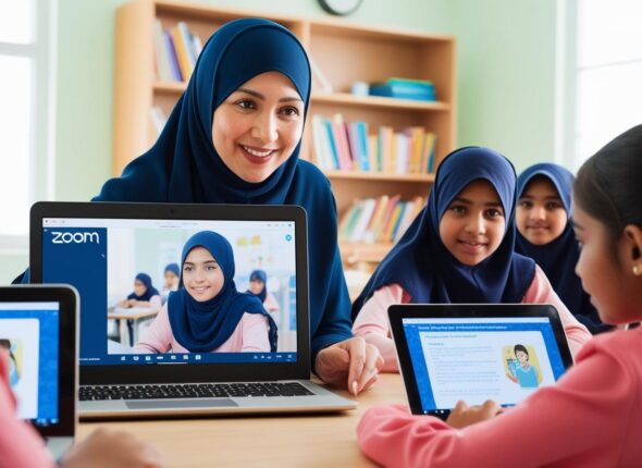 show the muslims teacher teaching muslim girl students(teenager) on laptop. teacher doing zoom class