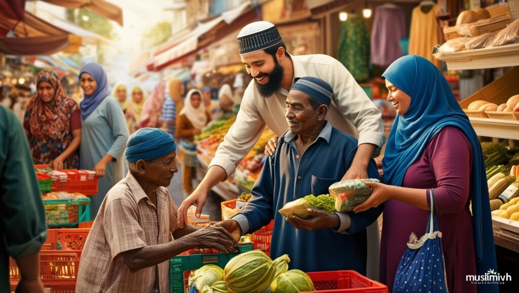 a muslim men helping poor people, helping her wife, buying grocery. all t=of them in one picture