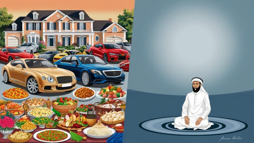 create me an image of this world ful of desire of money, cars, house, Foods, clothes etc. comparing with the hereAFTER (islamic